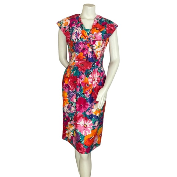 Vintage Floral Dress Sheath Vibrant Convertible Collar Square Neck Petite Lanz - Picture 2 of 16